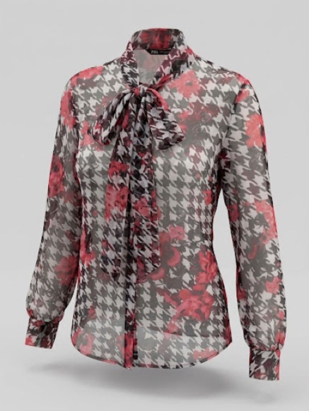 Zara Roses Print Houndstooth Semi-Sheer Blouse with Red Floral Print XS Floral